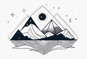 Mountain one Peak, sea waves, space with two littel coloured Stars, geometrical Forms, circle, diamond surrounding scenery with dashed lines overlapping tattoo idea