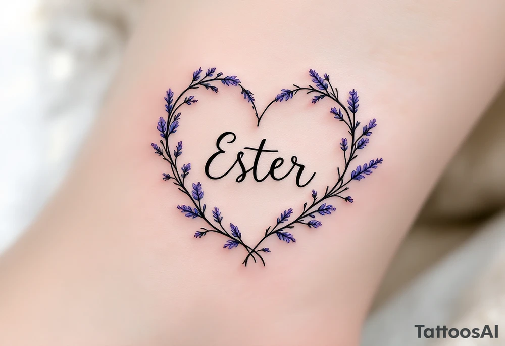 A heart formed by intertwining vine leaves, with the name "Ester" delicately inscribed in the center, and small lavender flowers in a soft purple color. tattoo idea