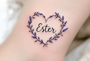 A heart formed by intertwining vine leaves, with the name "Ester" delicately inscribed in the center, and small lavender flowers in a soft purple color. tattoo idea