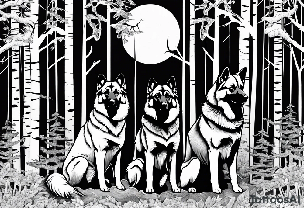 two norwegian elkhounds guarding a dark forest tattoo idea