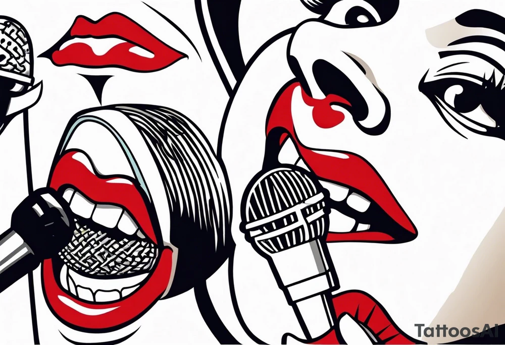 traditional vintage tattoo of mouth singing in microphone simple tattoo idea