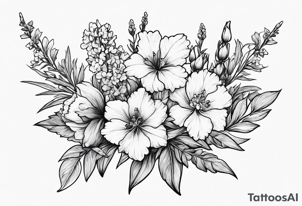 Small, simple sketched bouquet of larkspur, stemmed carnation tattoo idea