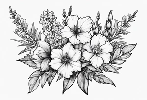 Small, simple sketched bouquet of larkspur, stemmed carnation tattoo idea