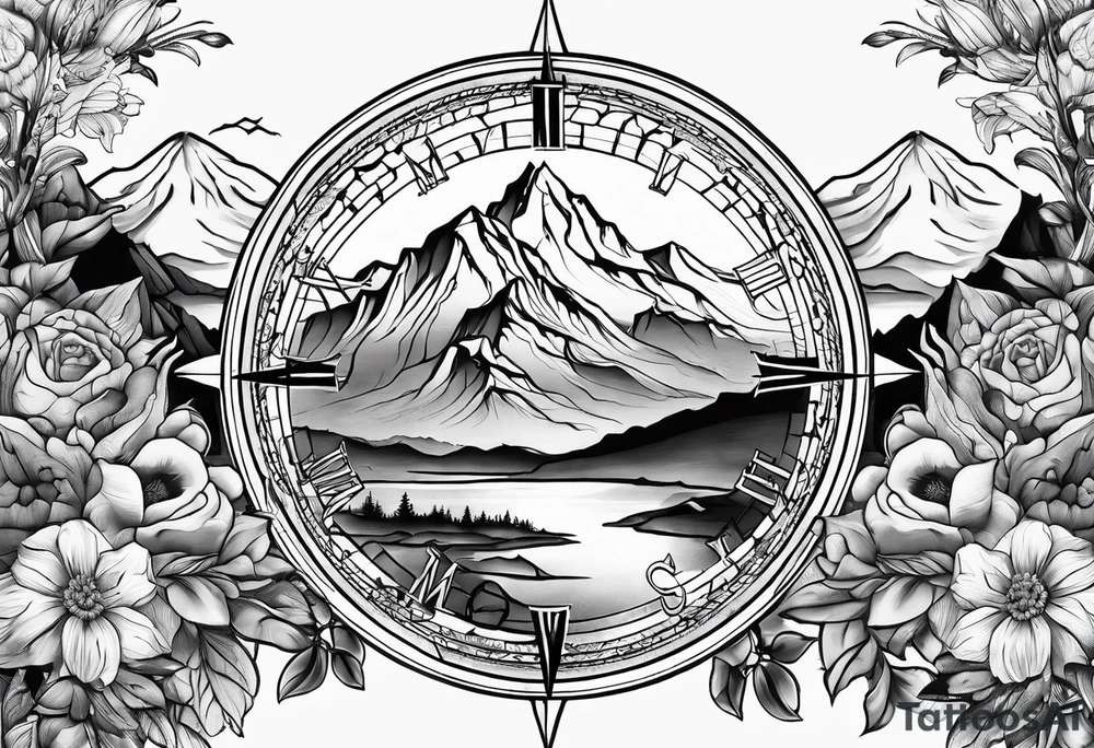 Compass mountains flowers tattoo idea