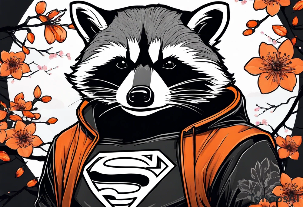 Raccoon wearing a white Superman logo on a black hoodie and orange Japanese cherry blossoms tattoo idea