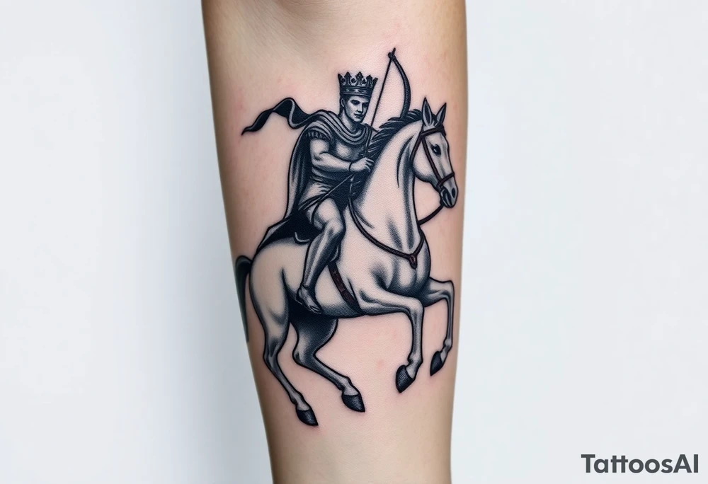 Generate an image of conquest on a white horse. Use this passage from Revelations: "And I saw, and behold a white horse: and he that sat on him had a bow; and a crown was given unto him: and he went forth conquering, and to conquer". Include the rider on a white horse wearing a crown and carrying a bow. Make it photorealistic tattoo idea