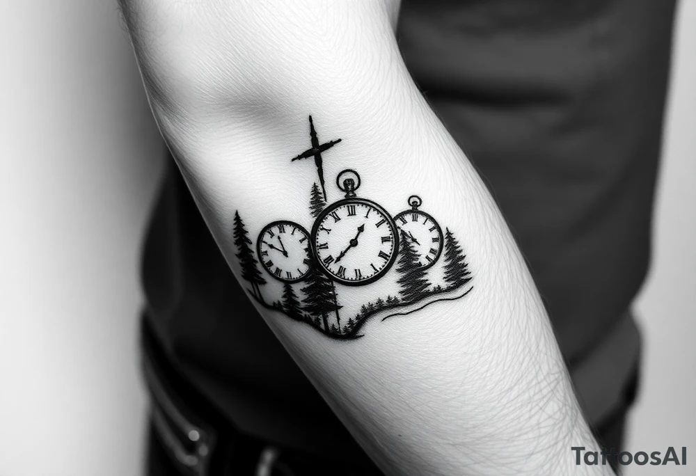 Forest landscape with three clocks with dates tattoo idea