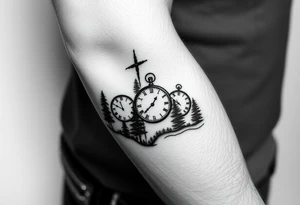 Forest landscape with three clocks with dates tattoo idea