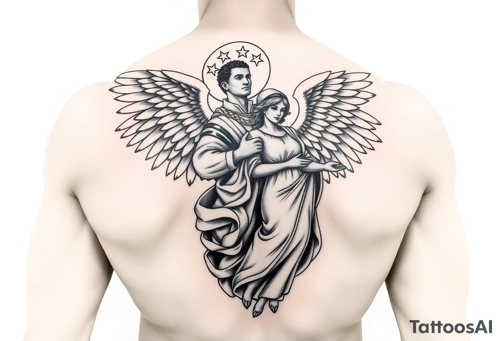 Muscular male guardian angel carrying female officer in the United States coast guard religious statue tattoo idea