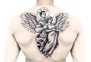 Muscular male guardian angel carrying female officer in the United States coast guard religious statue tattoo idea