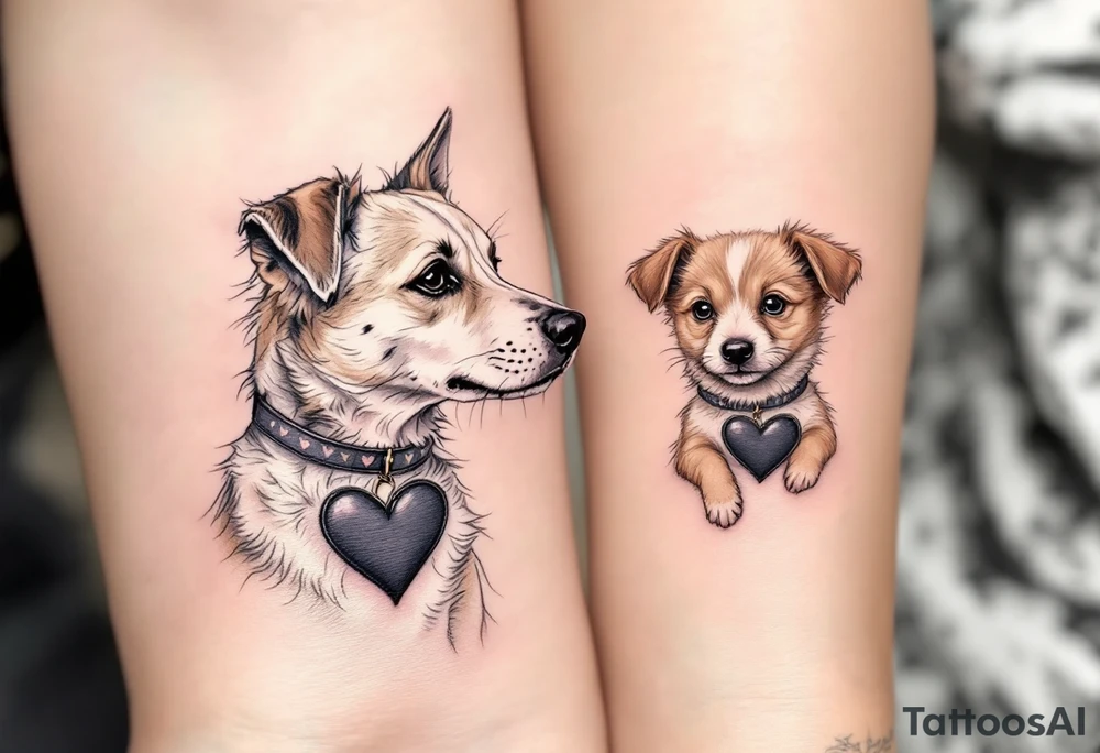 A mother dog and pup with matching heart-shaped collars in tan and gray symbolizes companionship and unconditional love. tattoo idea