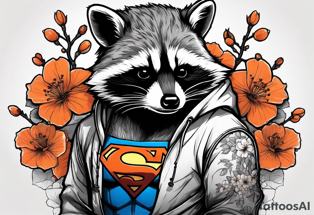 raccoon wearing a Superman hoodie with orange Japanese cherry blossoms tattoo idea