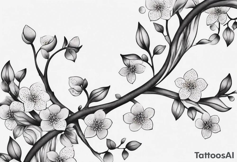 Create a delicate line art tattoo of intertwined vines and small blossoms, emphasizing elegance and simplicity. tattoo idea