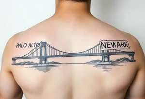 A bridge over water with two cities on the side. The city signs on the side of the bridge. East Palo Alto on the left and Newark on the right tattoo idea