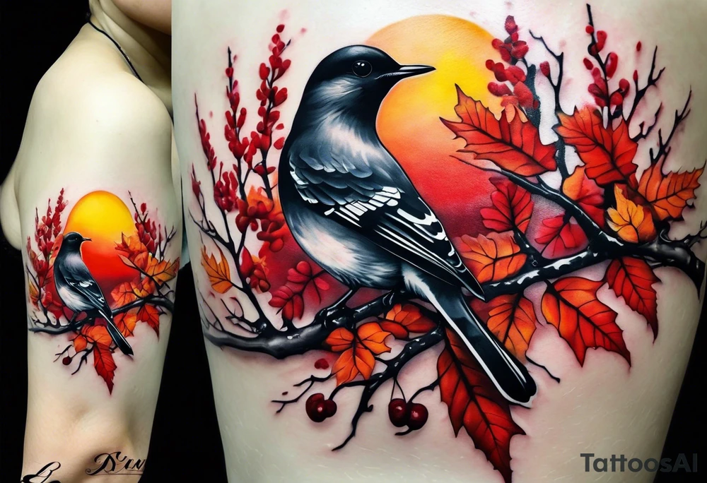 trash polka style. Arm tattoo. chest tattoo. Long tattoo. large tattoo. Full sleeve. Shoulder. A single large maple tree with red autumn leaves that branches upwards from wrist to shoulder. White-throated dipper bird on the trees branches. Calluna flowers at the base of the trees stem. Red/yellow sunset behind the trees stem. Leaves falling. tattoo idea