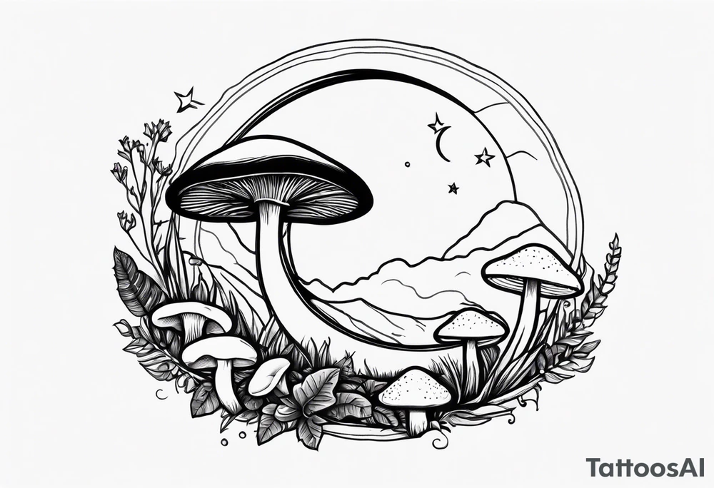 Crescent moon with mushrooms tattoo idea