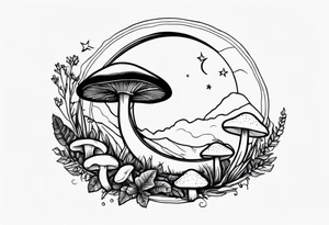 Crescent moon with mushrooms tattoo idea