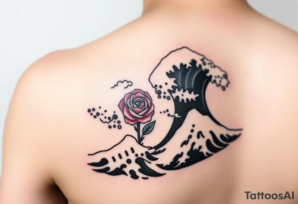 Shoulder tattoo of the Great Wave of Kanagawa in black and white with a small beautiful red rose with in the space where the wave curves tattoo idea