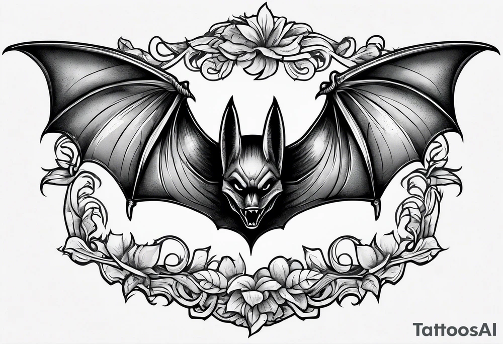 A bat hanging from a branch. No color, mainly black and some grays. tattoo idea