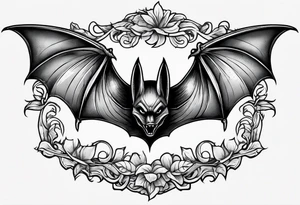 A bat hanging from a branch. No color, mainly black and some grays. tattoo idea