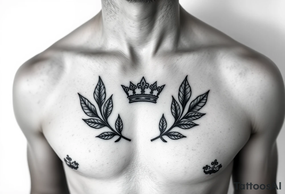 Chest tattoo, two bay leaf and crown between tattoo idea
