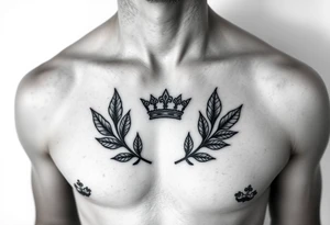 Chest tattoo, two bay leaf and crown between tattoo idea