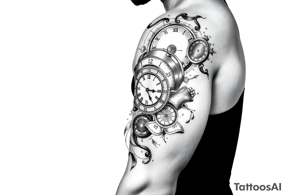 I want to create a sleeve for my left arm with elements if time and music and the dates 19.04.2019 and 28.01.2022 in Roman numerals tattoo idea