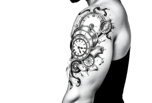 I want to create a sleeve for my left arm with elements if time and music and the dates 19.04.2019 and 28.01.2022 in Roman numerals tattoo idea
