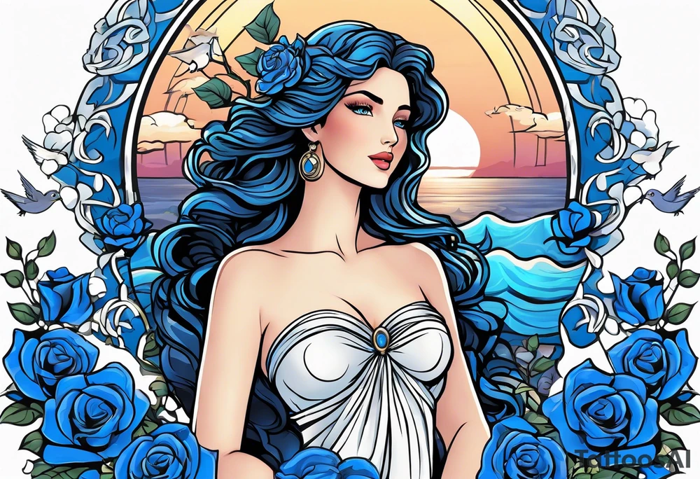 Aphrodite is the goddess of love, with a seaside background, surrounded by birds.. blue roses frames, background blue,present it in a tattoo, black hair, love motives tattoo idea