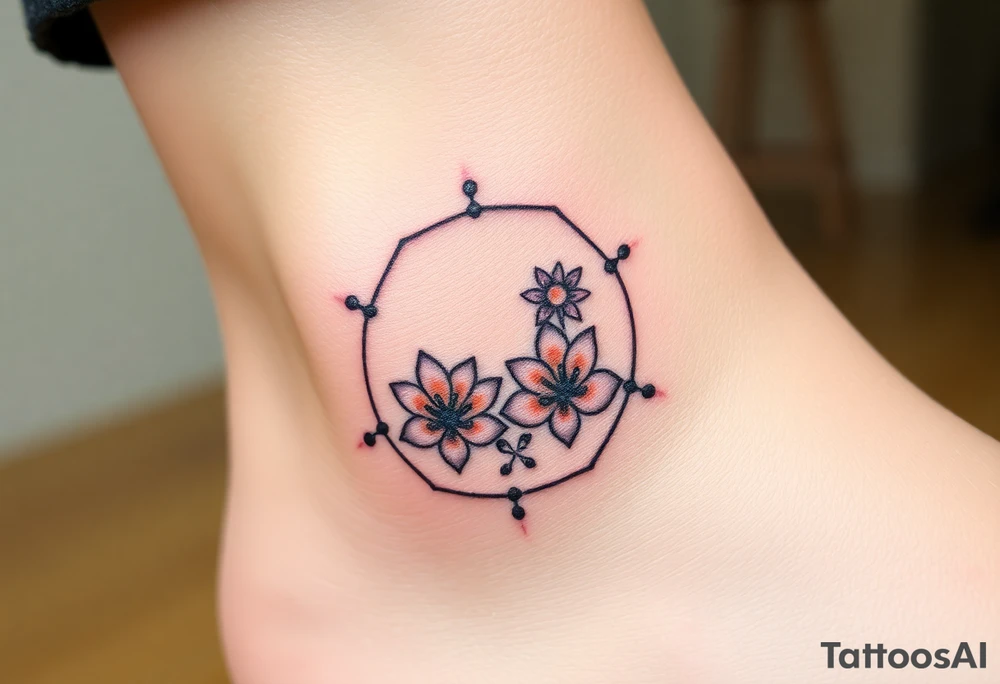 Hexagon with astrological sign for Leo, larkspur and water lilies in the center tattoo idea