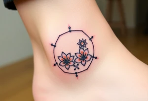 Hexagon with astrological sign for Leo, larkspur and water lilies in the center tattoo idea
