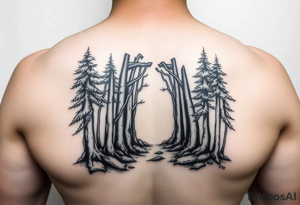 A forest with a doorway that is slightly ajar, leading to space tattoo idea