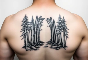 A forest with a doorway that is slightly ajar, leading to space tattoo idea