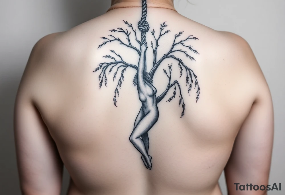 naked plus sized sexy woman hanging with a rope around her neck dying from aweeping willow tree tattoo idea