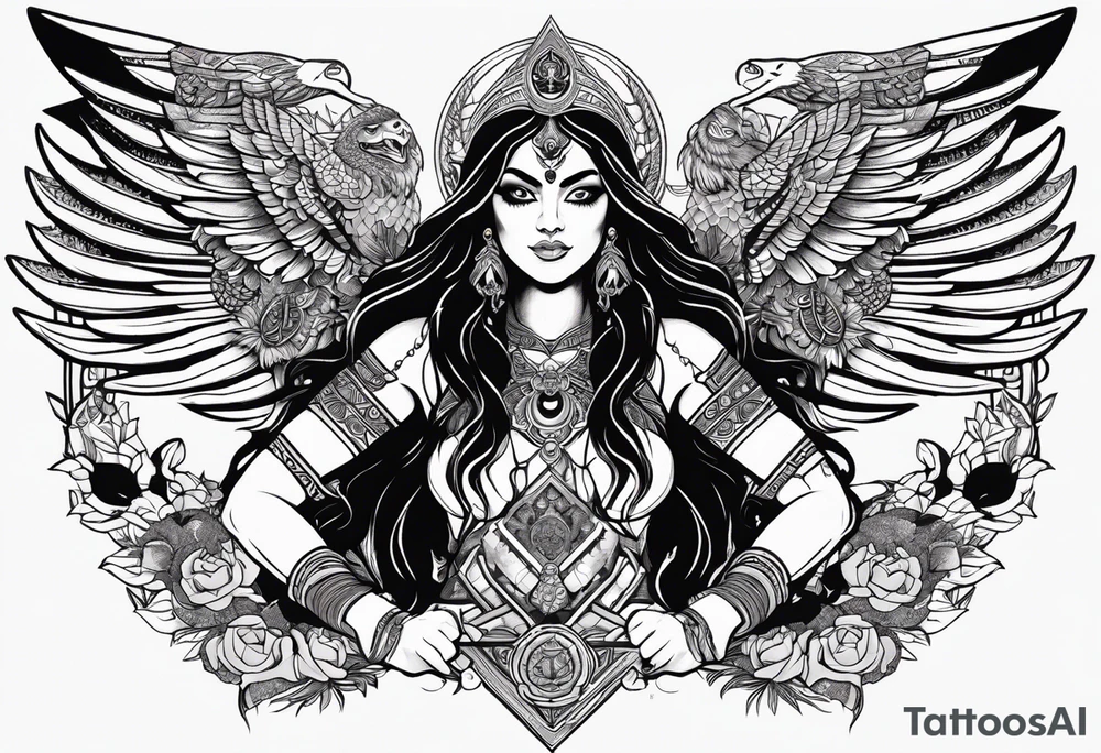 black kali, goddess pirate, alien, angel, pachamama, valkrye, warrior, flying, skull, lotus azul, wing, eagle, zenza resonance, stars, 5D, anahata chakra, death, durga, riding on a tiger, flying lady tattoo idea