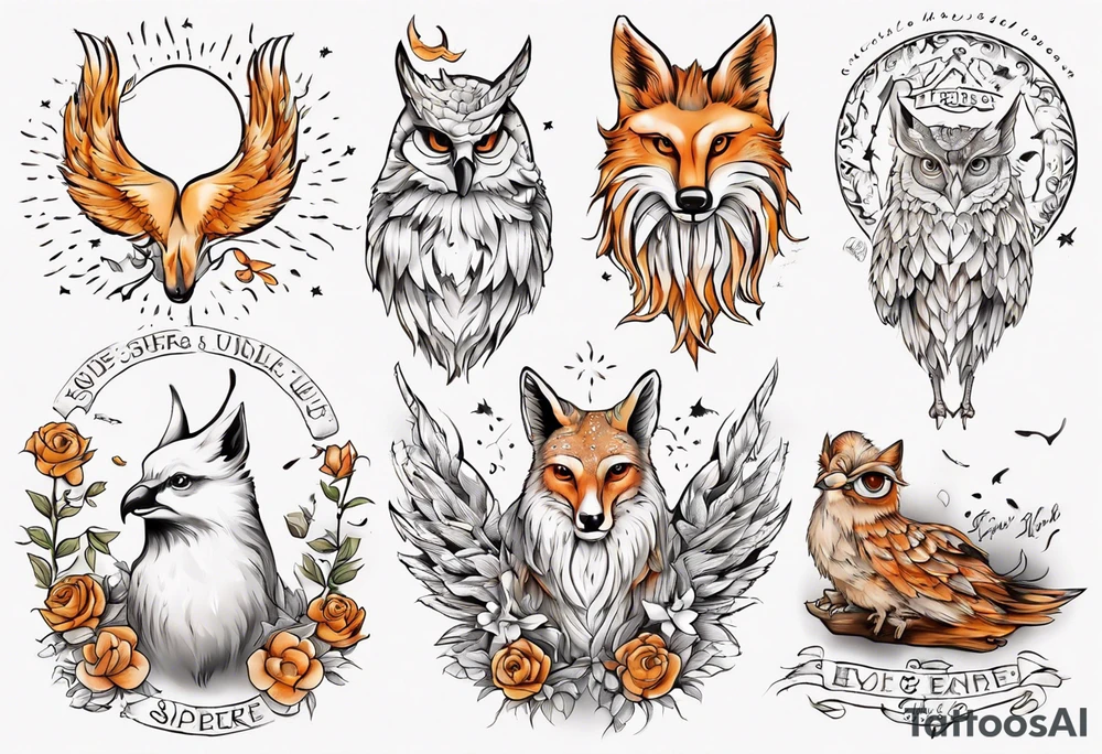 Fuchs und Eule unter der Sonne mit dem Schriftzug Sapere Aude tattoo idea