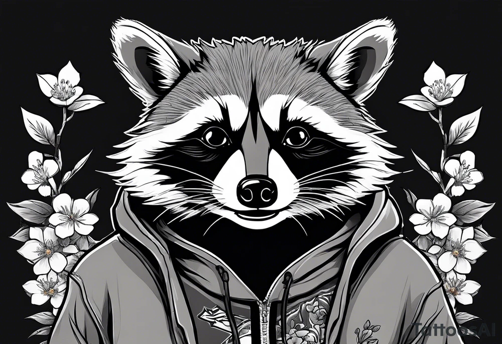 Raccoon wearing a white Superman logo on a black hoodie and orange Japanese cherry blossoms beside tattoo idea