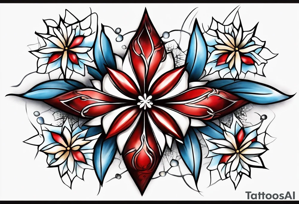 Small tattoo of a forget me knot flower, a red star, and a snowflake tattoo idea