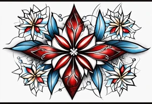 Small tattoo of a forget me knot flower, a red star, and a snowflake tattoo idea