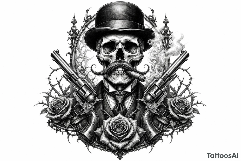 Gothic skull in bowler hat, handlebar mustache, holding smoking cigar, antique revolvers at sides, thorny roses. tattoo idea