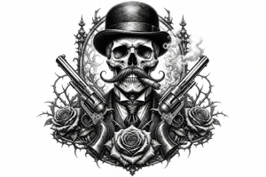 Gothic skull in bowler hat, handlebar mustache, holding smoking cigar, antique revolvers at sides, thorny roses. tattoo idea