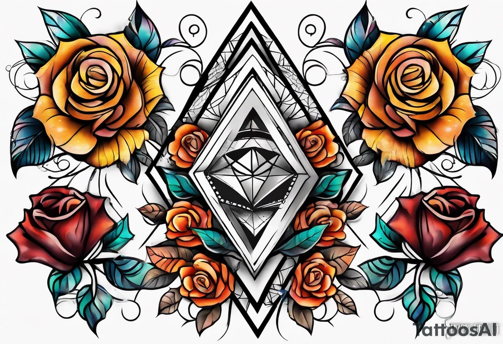 knee tattoo with geometry, roses and swirl washes in background in fall colors tattoo idea