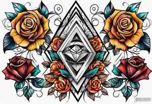 knee tattoo with geometry, roses and swirl washes in background in fall colors tattoo idea