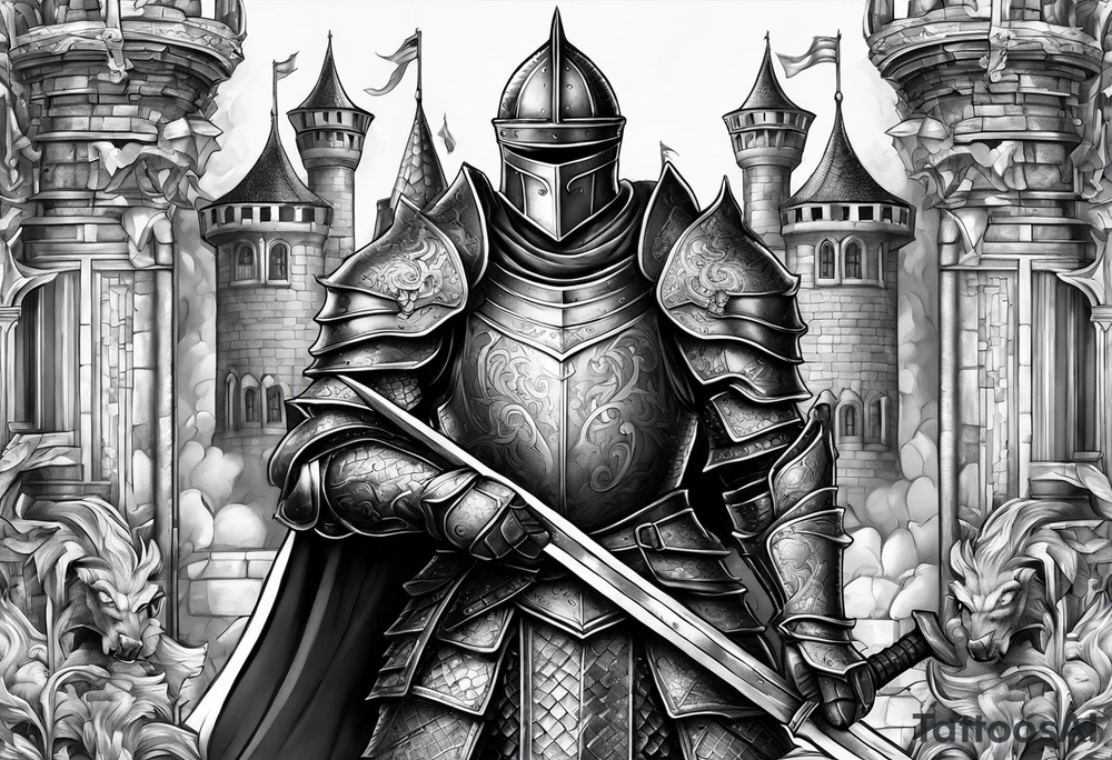 knight in armor full body with castle in background and dragon tattoo idea