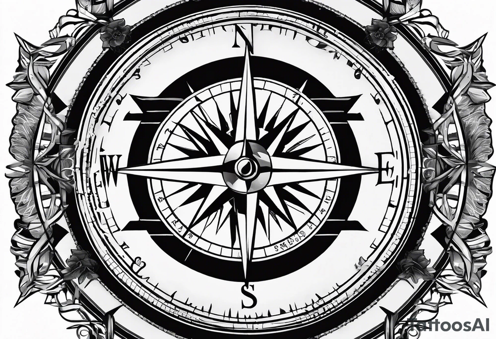 vintage compass with guy faux mask integrated. Slashed lettering for the navigational directions and long fencing swords as the arrows tattoo idea