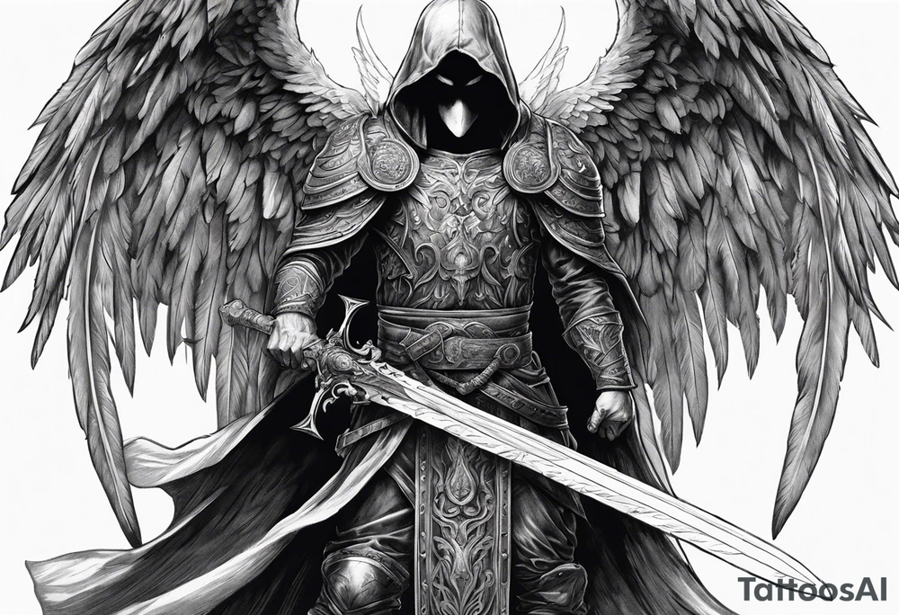 realistic angel of death, man, full body, no face visible, holding one sword, sword pointing downwards, both hands are holding the sword tattoo idea