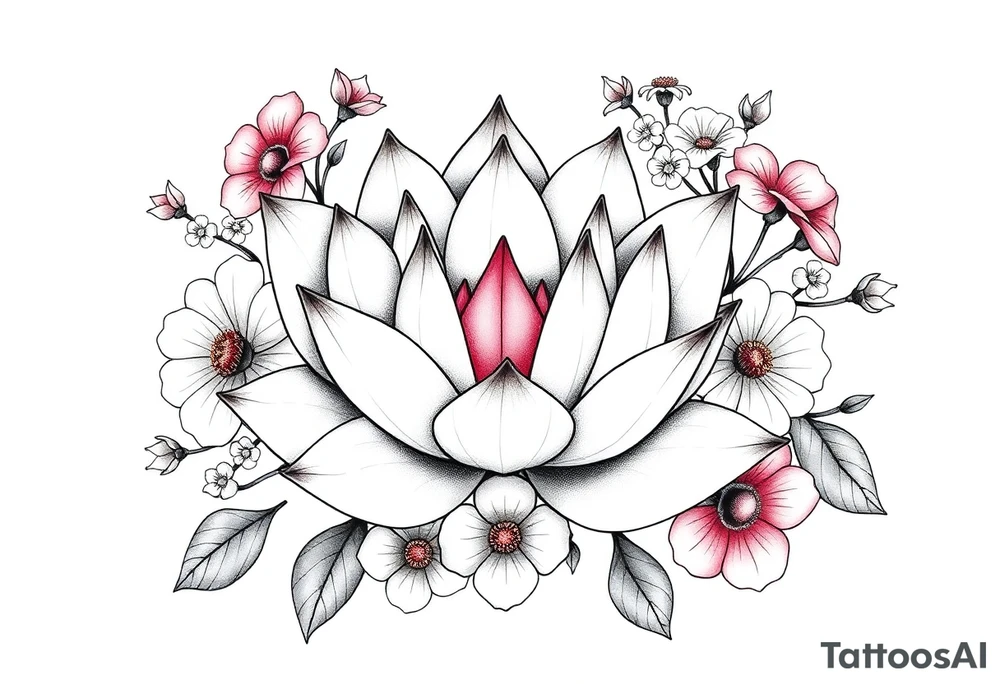 Lotus flower surrounded by forget me nots and peonies tattoo idea