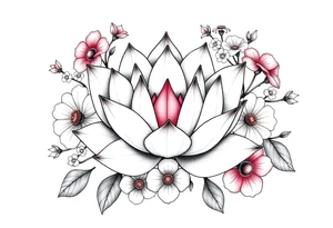 Lotus flower surrounded by forget me nots and peonies tattoo idea