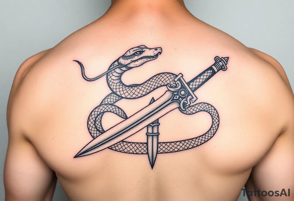 mystical snake coiled around an ancient dagger with jeweled hilt tattoo idea