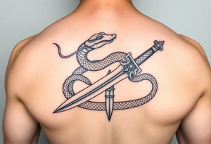 mystical snake coiled around an ancient dagger with jeweled hilt tattoo idea